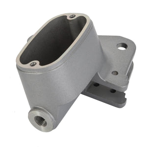 The AGCO BRAKE CYLINDER - ATV0502-633, produced by AGCO, is a metallic mechanical part with a hollow, rectangular section. It features a threaded hole on one side and two mounting holes on a bracket. No current product description information is available.