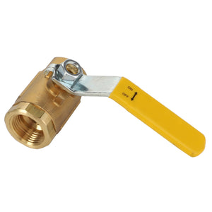 A brass AGCO ball valve, model Acw0719010, featuring a yellow handle and clearly marked "ON" and "OFF" directions, is currently in the open position. No current product description information is available at this time.