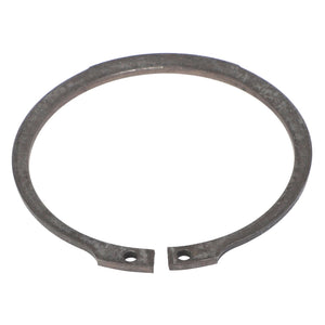 The AGCO | EXTERNAL RETAINING RING - AG522357 by AGCO is a durable metal circlip with two small holes near the open ends, designed for securely fastening parts onto a shaft or housing in various machinery applications.