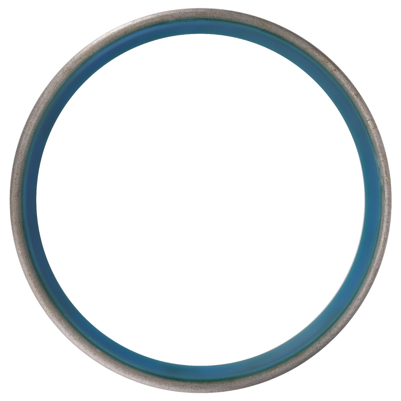 A circular metal ring with a blue inner lining, viewed from above against a white background, resembling the AGCO Gasket for Front Axle - 3713929M1 found in Massey Ferguson Models.