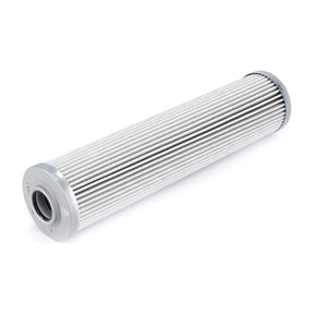 A Hydraulic Filter Cartridge - F835100600030 by AGCO, featuring pleated paper elements and gray end caps, lies on its side on a white background. This filter is designed to extend equipment service life.