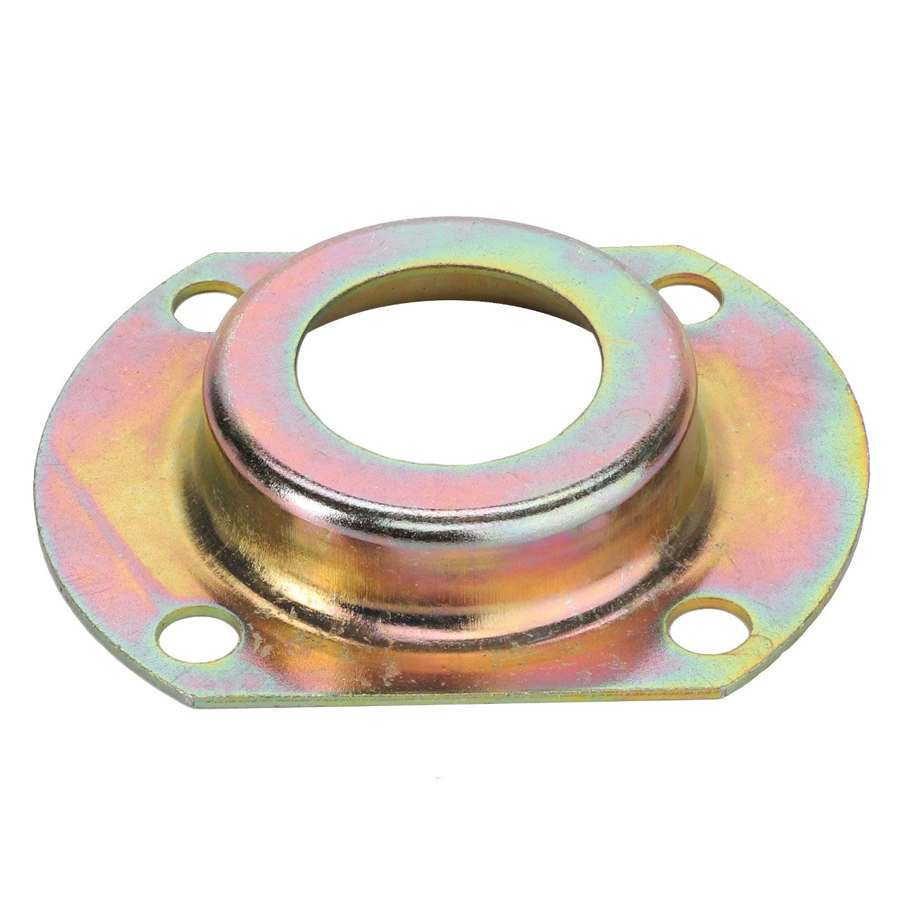 Product Description: The AGCO BEARING CARRIER - D28770432 is a round metallic flange with a central hole and four peripheral mounting holes. It features an iridescent finish, but no current product description information is available.