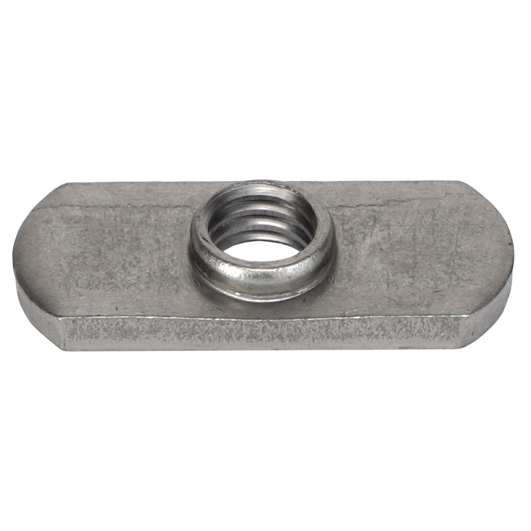 The AGCO Weld Nut, model AG607376, is a silver rectangular T-nut featuring a centrally threaded hole designed for versatile fastening applications.