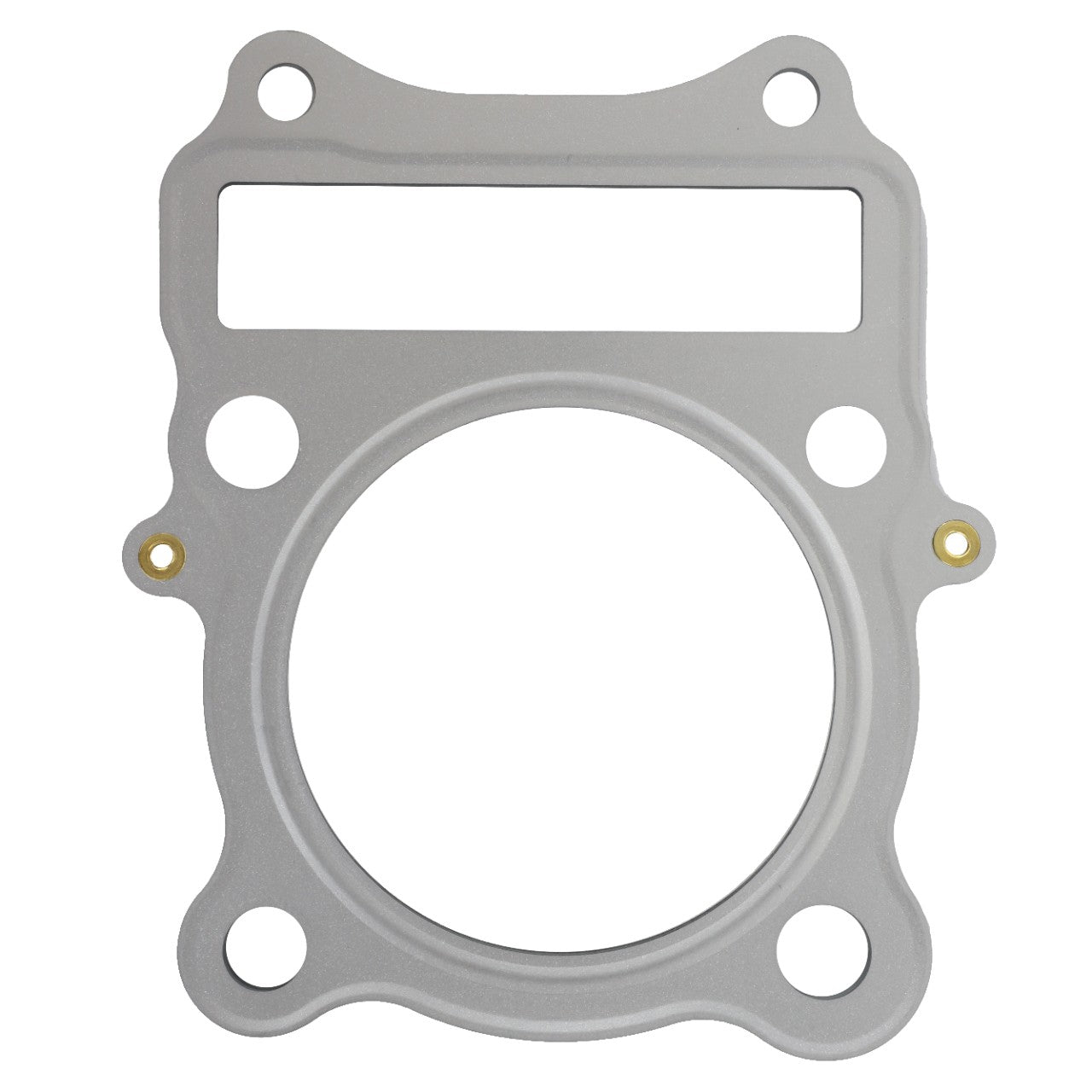 The AGCO | CYLINDER HEAD GASKET - ATV3402-408 is a metal engine gasket designed with four bolt holes and one large central opening. Currently, no additional product description information is available.