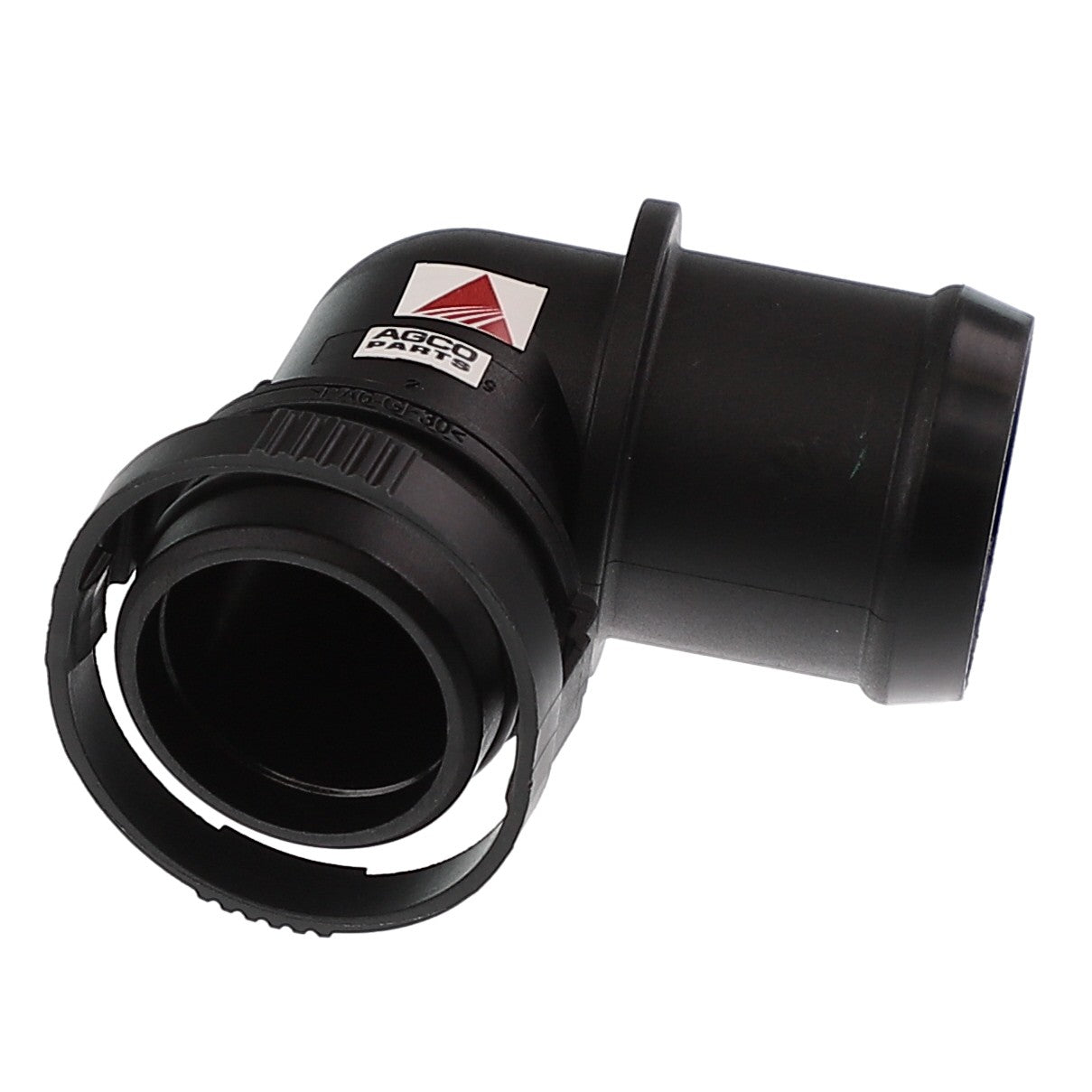 A black plastic elbow fitting with a locking ring and branded AGCO sticker, labeled as AGCO | Fitting - Acw3680270. No additional information available.