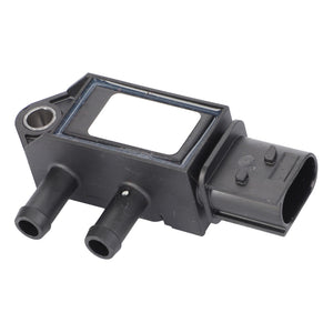 The AGCO | Pressure Sensor - Acw1805880 by AGCO is a black automotive sensor unit featuring two hose connectors and a rectangular electronic connector, compatible with Fendt Models.