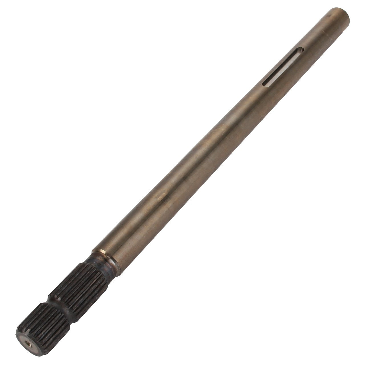 AGCO's SHAFT - D28274027 is a metal rod featuring splines on one end and a smooth finish on the other, with a rectangular slot located near the spline end. Additional product description information is currently unavailable.