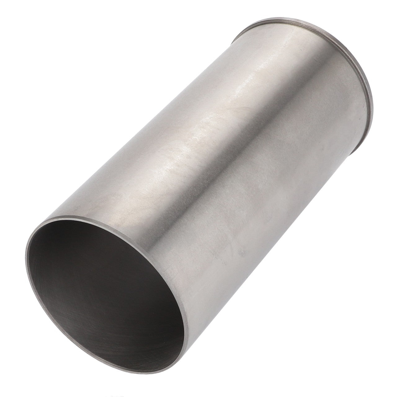 Image of the AGCO | Cylinder Liner - 4222128M1, a metallic, cylindrical tube with an open end facing the viewer, crafted using high-quality materials by the brand AGCO, against a plain white background.