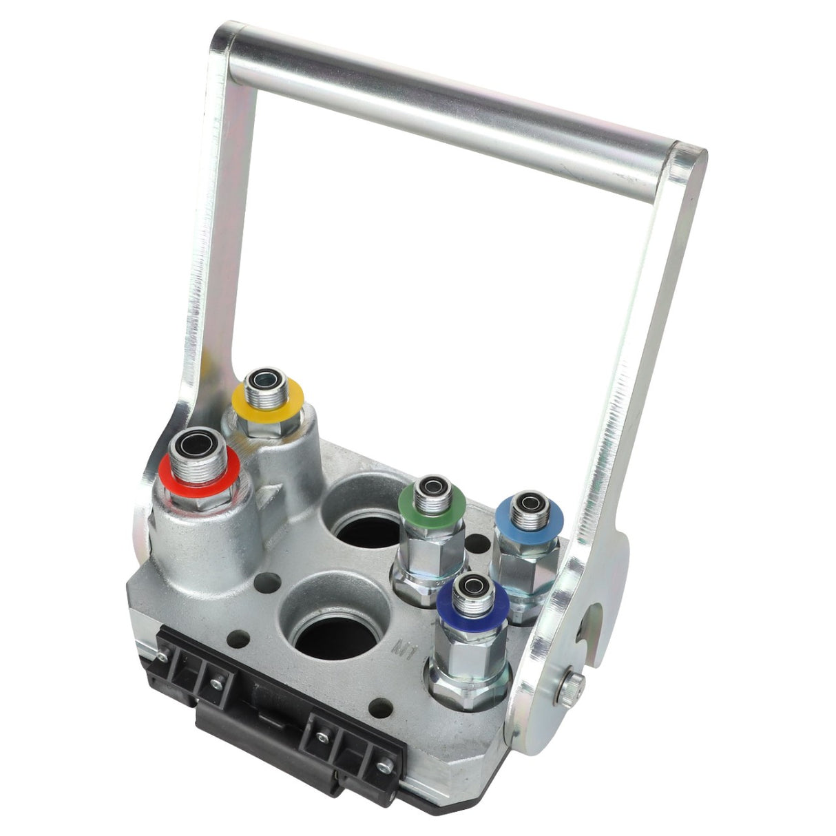 The AGCO | Multicoupling - Acw062250A by AGCO is a metallic hydraulic manifold featuring five color-coded ports and an ergonomic handle, specifically designed for precise control of fluid flow within a hydraulic system.