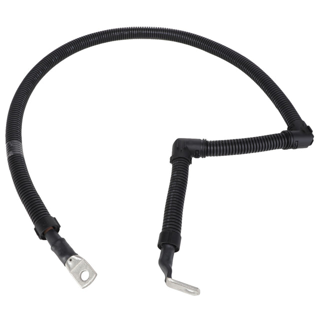 Image of the AGCO Positive Cable - Acw0259680, showcasing its protective black corrugated tubing and metal connectors on both ends. No current product description available.