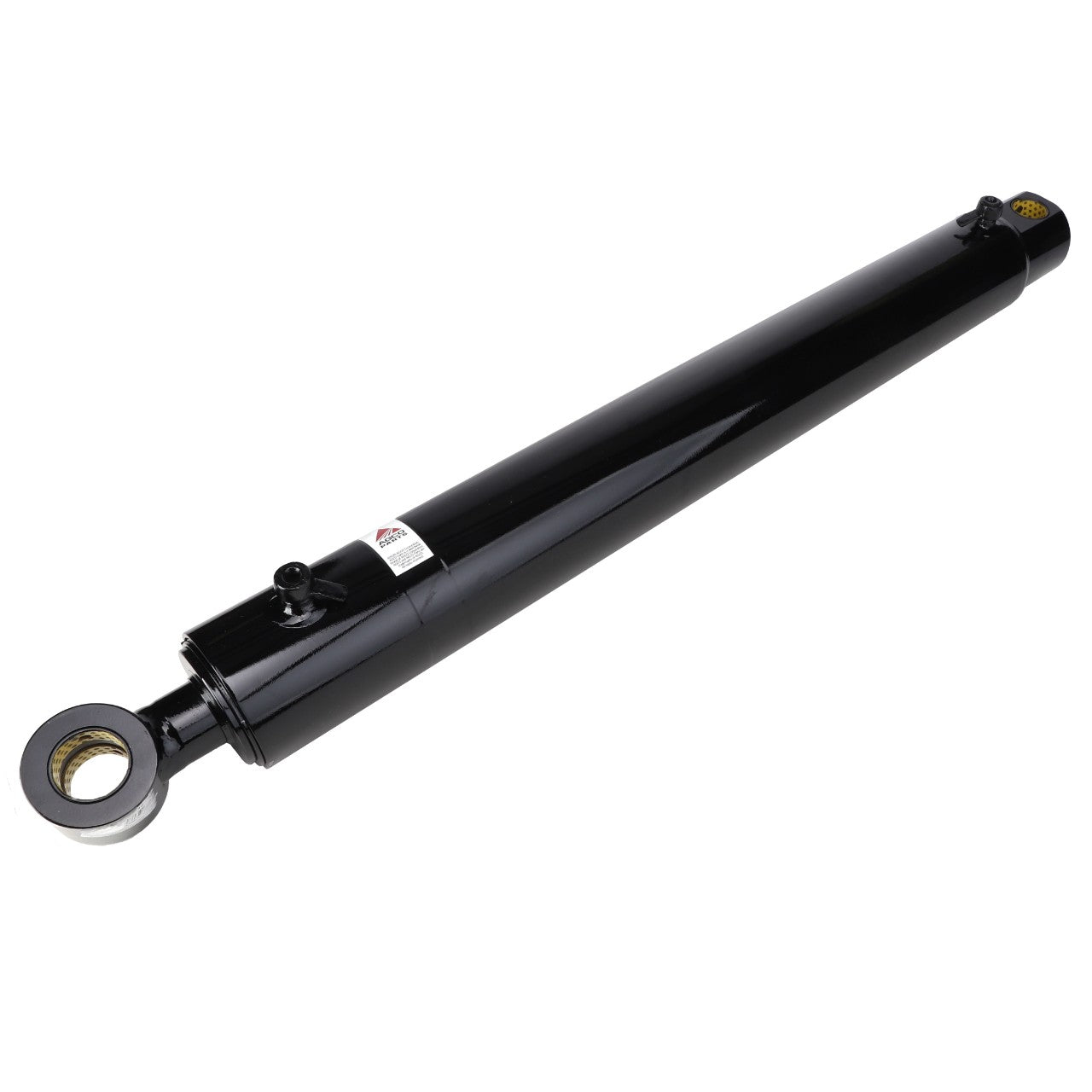 Image of the AGCO CYLINDER - AL12712510, a sleek black hydraulic cylinder with mounting points at both ends, set against a pristine white background.