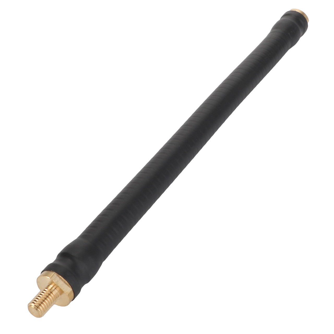 Introducing the AGCO | ADAPTER - AL5103057, a sleek black rubber-coated whip antenna featuring brass fittings on both ends, elegantly displayed against a pristine white background.