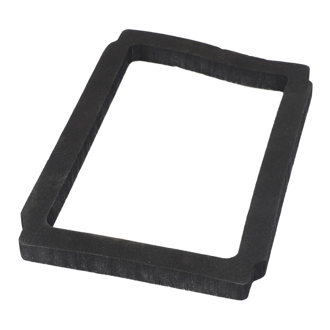 No product description is available for the AGCO SEAL - ACP0301690, a rectangular black foam gasket with an open center and uniform thickness, designed for sealing or insulation purposes.