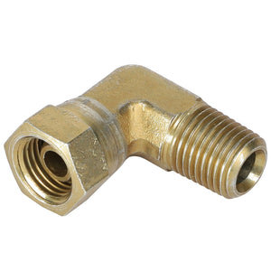 No current product description information is available for the AGCO ELBOW - AG561188, a brass fitting featuring a female threaded end on one side and a male threaded end on the other, designed at a 90-degree angle.