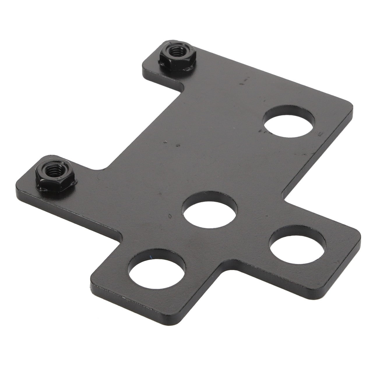 Product Description: The AGCO | Bracket - Acw1654420, offered by AGCO, is a flat, metal mounting bracket featuring three circular holes and two attached bolts. Finished in sleek black, it is ideal for use with Massey Ferguson machinery.