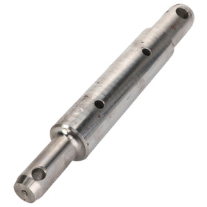 An image of the AGCO BOLT - FEL141342, a cylindrical metal shaft featuring multiple circular holes and notches along its length, expertly engineered by AGCO for precision and durability.