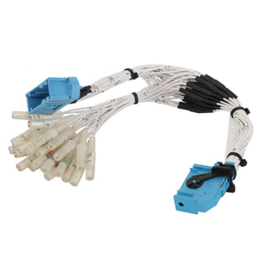 The AGCO Harness - Act0044200 features a bundle of white electrical wires with blue connectors at both ends, some wrapped in black sleeves. It's designed for connecting electronic components or systems and is readily available to meet your needs.