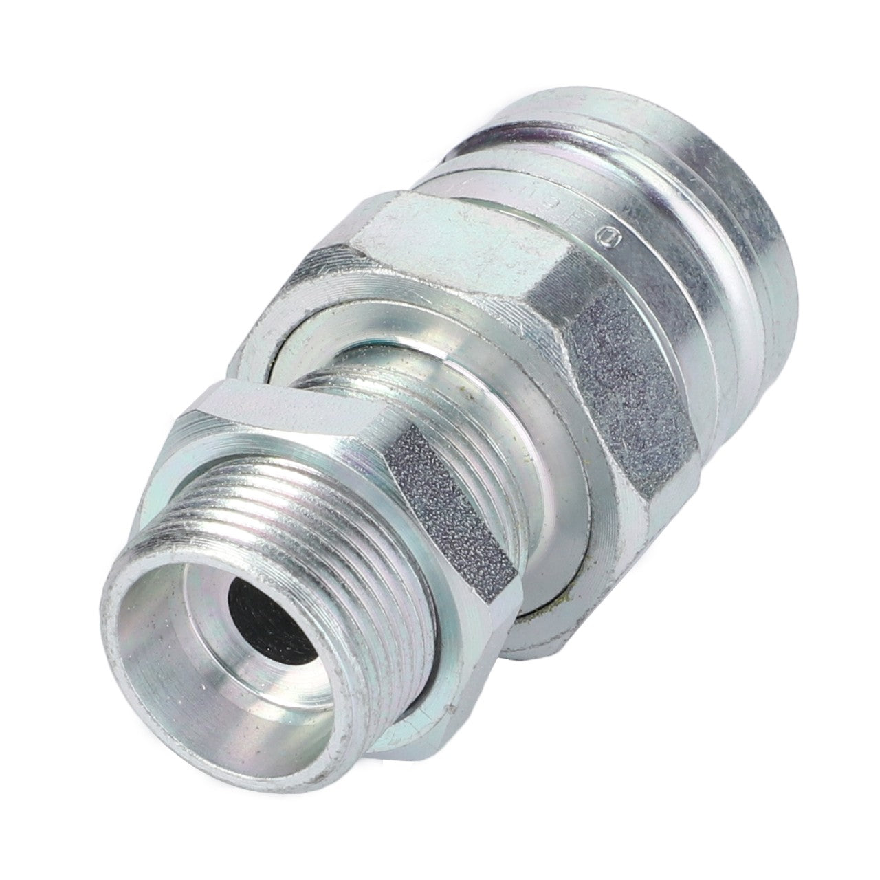 AGCO's Coupler Plug (X591900800000) is a metallic hexagonal threaded fitting featuring a cylindrical connector with multiple grooves. Commonly used in plumbing or mechanical applications, this fitting ensures compatibility and reliability for models such as the Fendt Farmer and Fendt Vario.