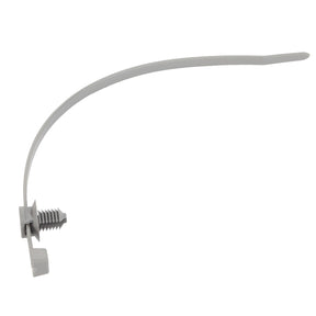 The AGCO Cable Tie - F530200230020, a grey plastic zip tie with an integrated mounting clip, is shown against a clean white background.