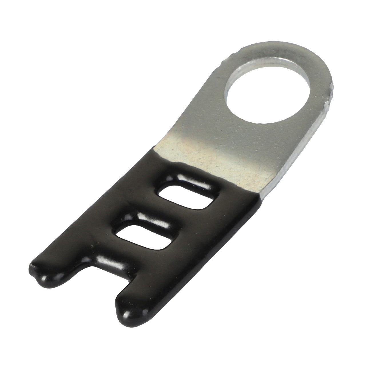 The AGCO LADDER CLIP - CH4P-7428 features an open circular connector on one end and two rectangular slots on the other, partially covered in black insulation. Product description information is currently unavailable for this item.