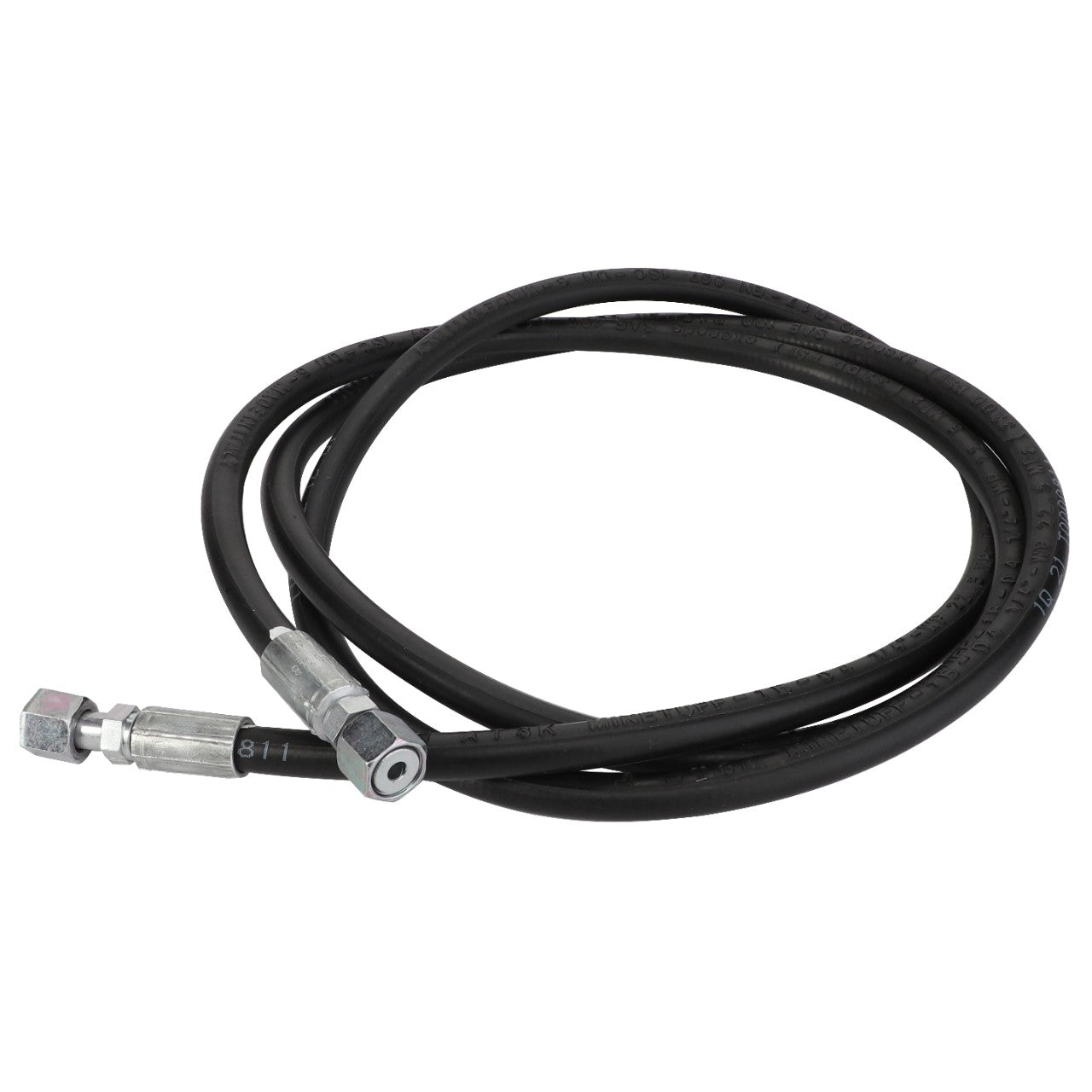 The AGCO | Hose - Acw0934440 is a black industrial hose with sturdy metal connectors at both ends.