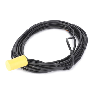 A black electrical cable coiled with a yellow cylindrical end connector, perfect for use with various Valtra models—introducing the AGCO | Proximity Sensor Wiring Harness E-Link - 0971-39-19-00.