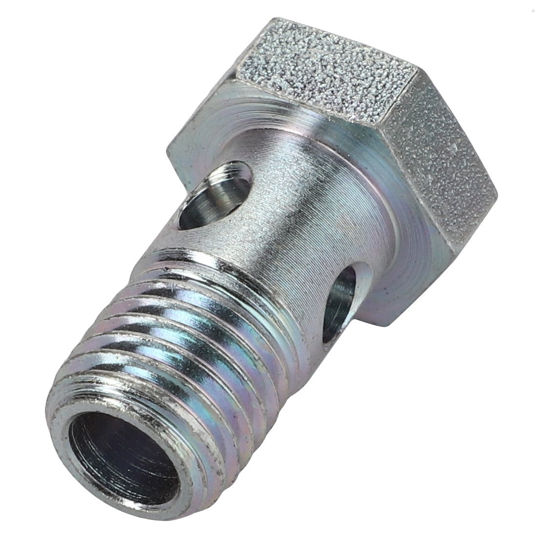 A detailed close-up image of the AGCO Banjo Bolt - Acw2388530 by AGCO, showcasing its hexagonal head and cylindrical threaded body with two holes drilled perpendicular to the threads. No current product description information is available.