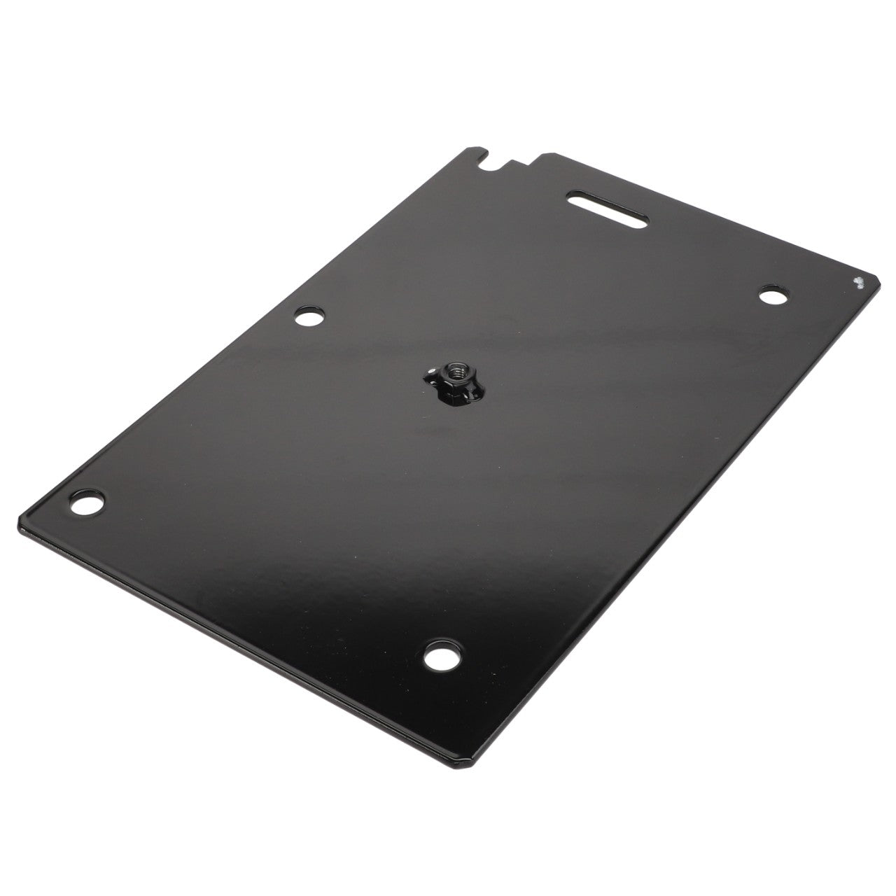 No current product description information is available, but the AGCO Shield - Acw108152A black metal mounting plate features five holes and one central screw for secure installation.