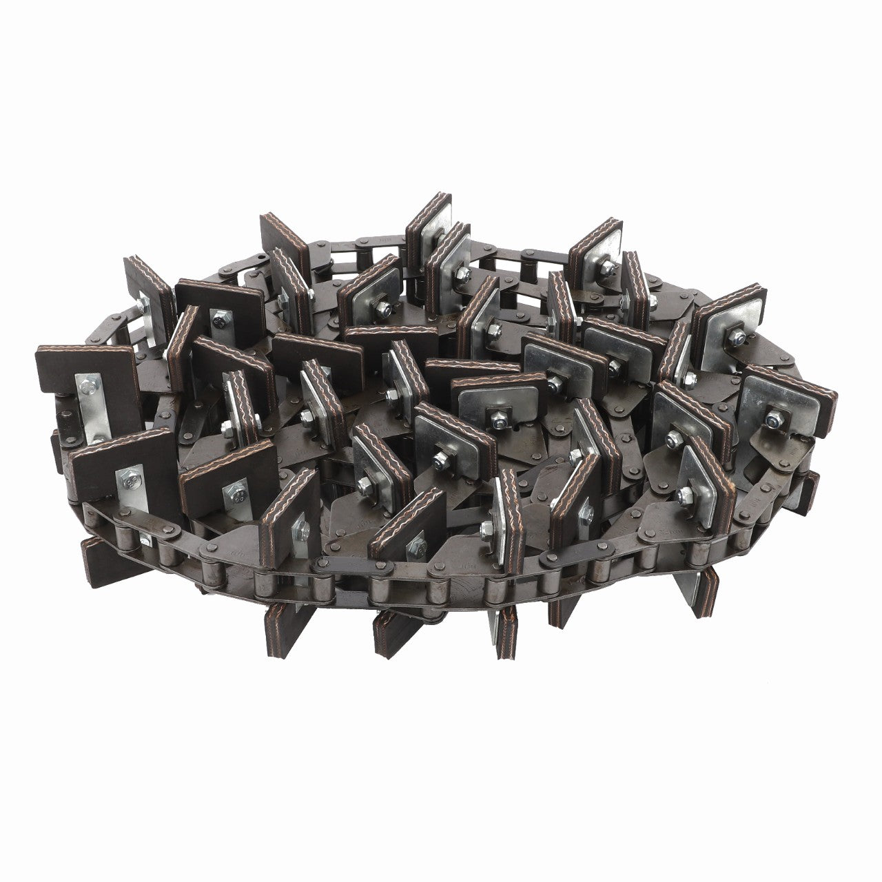 The AGCO | Chain - D28550375, produced by AGCO, features multiple sharp, angled metal plates and is likely a component of machinery that offers high fatigue strength and durability, ensuring efficient operation.