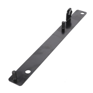 The AGCO | Support - Acw0487170 is a flat, rectangular metal bracket featuring two bolts and a protruding hook. It includes two circular holes, one at each end. There is no current product description information available for this item.