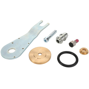 A set of metal hardware components, featuring the AGCO | Angle - Acp0295180, displayed alongside a flat wrench, round brass piece, screw, coupling, O-ring, and various small fittings on a white backdrop. Product description is currently unavailable.