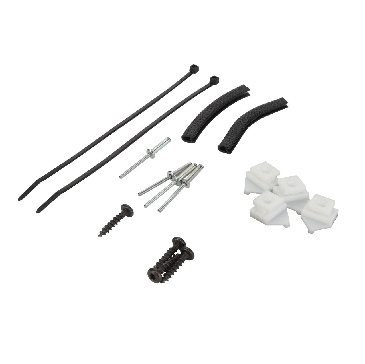 An assortment of small hardware items, featuring the AGCO | SLIDER - F930500030390 among screws, cable ties, spacers, and plastic components, is arranged on a white background. No additional product description information is available.