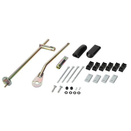 A meticulously arranged collection of AGCO metal hardware components, featuring rods, screws, bolts, nuts, brackets, and rubber caps from the Lever Kit - Acp0659740 range by AGCO, displayed on a pristine white background.