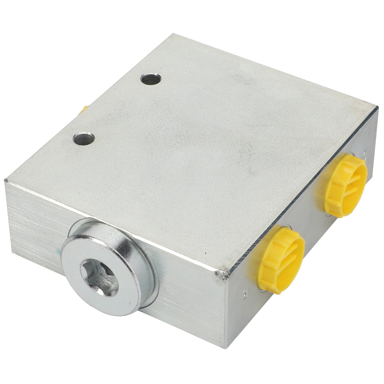 The AGCO | Current Regulator - Acp0636750 is a rectangular metallic device featuring two yellow caps on one side and a circular silver component on the adjoining side.