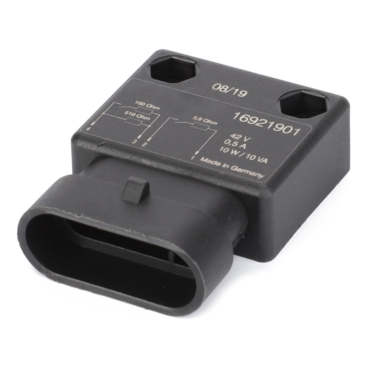 A rectangular black electronic component labeled "AGCO | Solenoid Switch - H312100070500" with the text "16921901" and technical specifications on the top surface. It features a connector opening on the front side, is marked "Made in Germany," and is compatible with Fendt Vario S4 models.