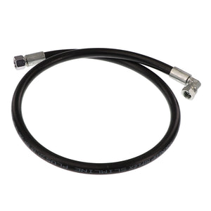 The AGCO HYDR. HOSE - AL1103431 is a black hydraulic hose featuring metal fittings on both ends; one end is straight while the other is angled. Unfortunately, there is no additional product information available at this time.