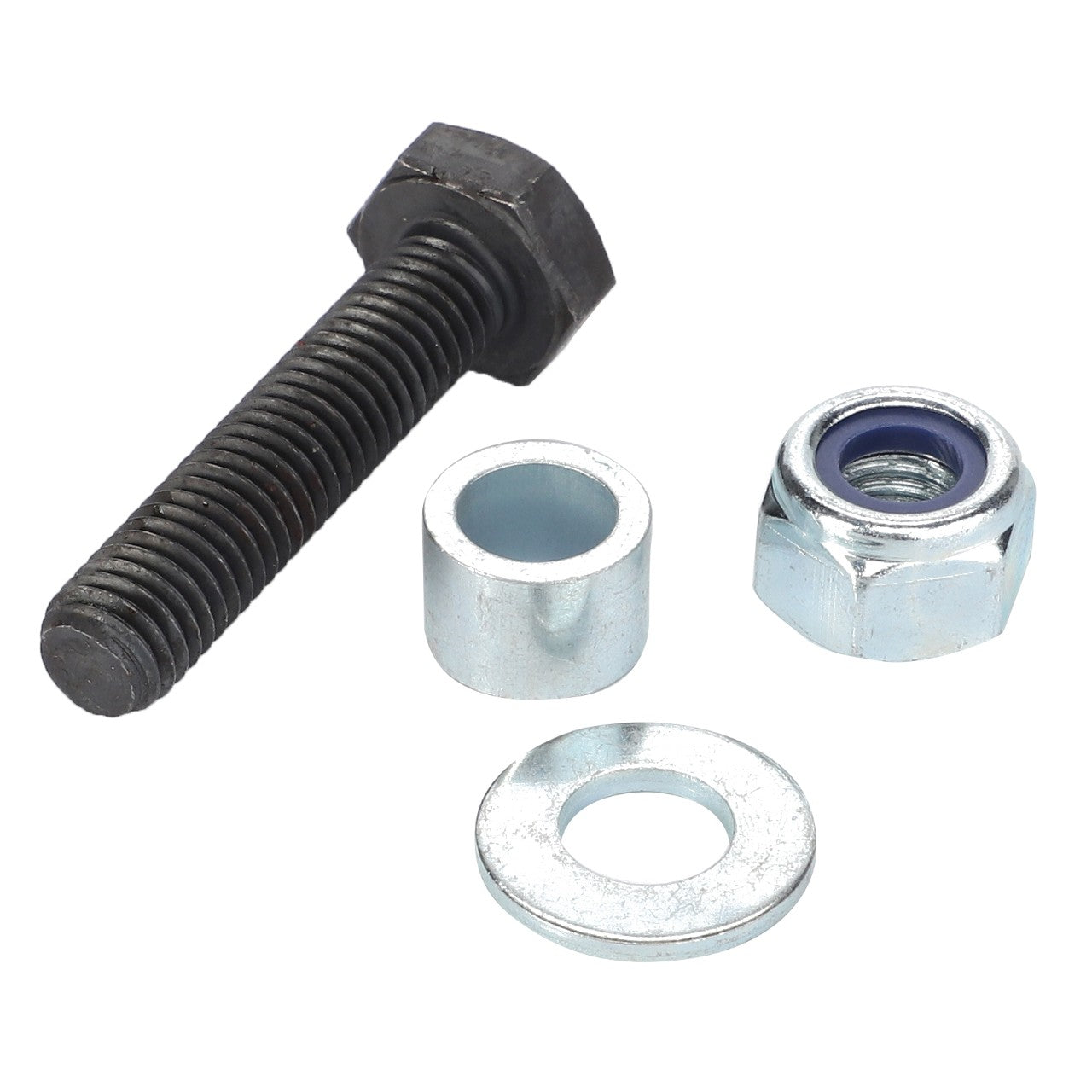 A KIT, SCREW - AL4500867 by AGCO, consisting of a hex bolt, a hex nut, a spacer, and a flat washer, is arranged on a white background. No current product description information is available.