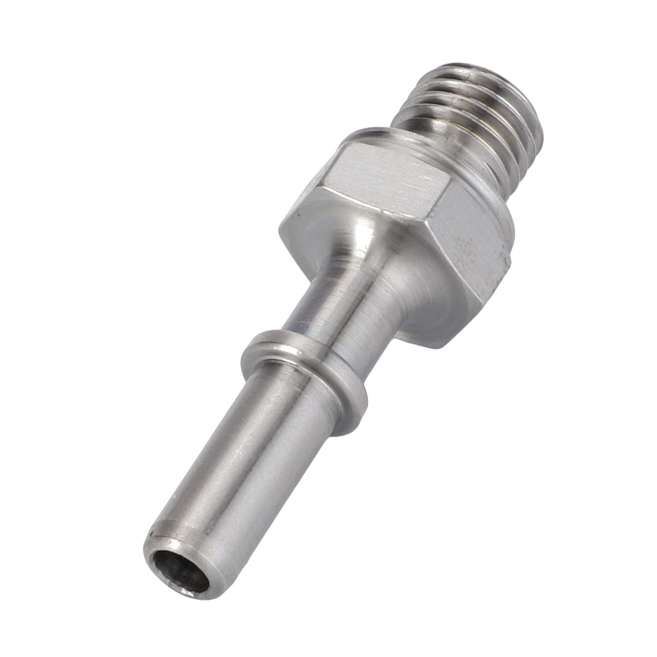 The AGCO Connector for Fuel Line (Product Code: 4226924M1) is a metal barbed hose fitting with a threaded end, crafted from high-quality materials to ensure maximum durability.