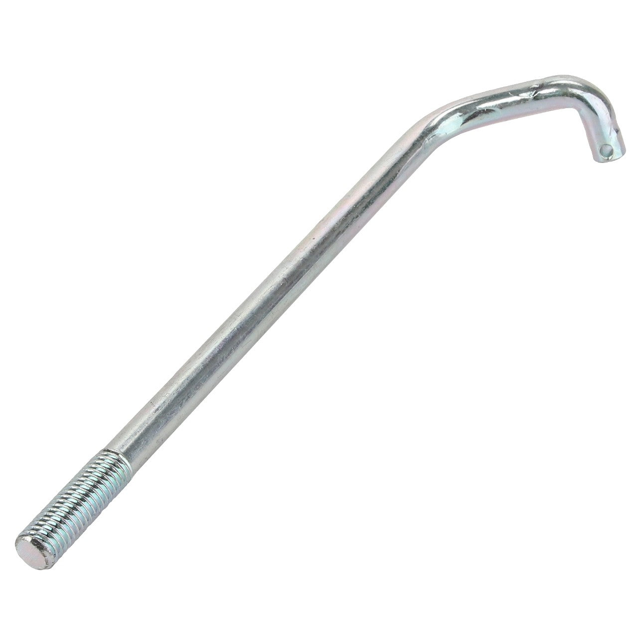 No current product description available for the AGCO Tie Rod - La320714350, a metallic J-shaped bolt featuring a threaded end and a curved hook at the opposite end.