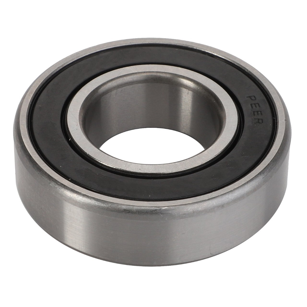 A shiny, silver, cylindrical ball bearing featuring black inner and outer rings against a white background. The side partially displays the word "PEER." This product is identified as AGCO's Deep Groove Ball Bearing - ACY9103270.