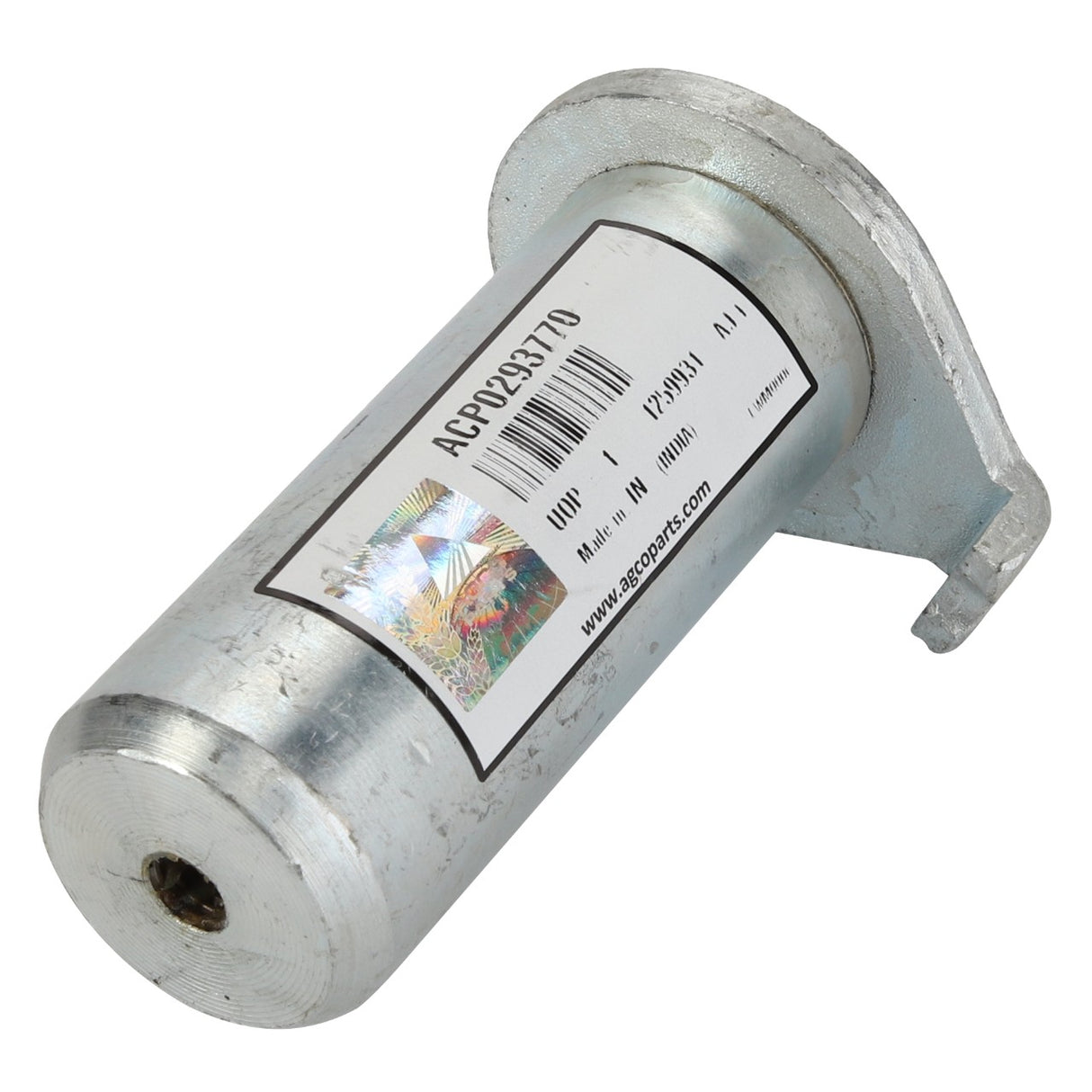 A metal cylindrical part branded "AGCO" with a label showing "ACP0293770" and a barcode. The component, known as AGCO | Pin - Acp0293770, is silver in color and features a flange with a mounting hole on one side, making it suitable for various industrial applications.