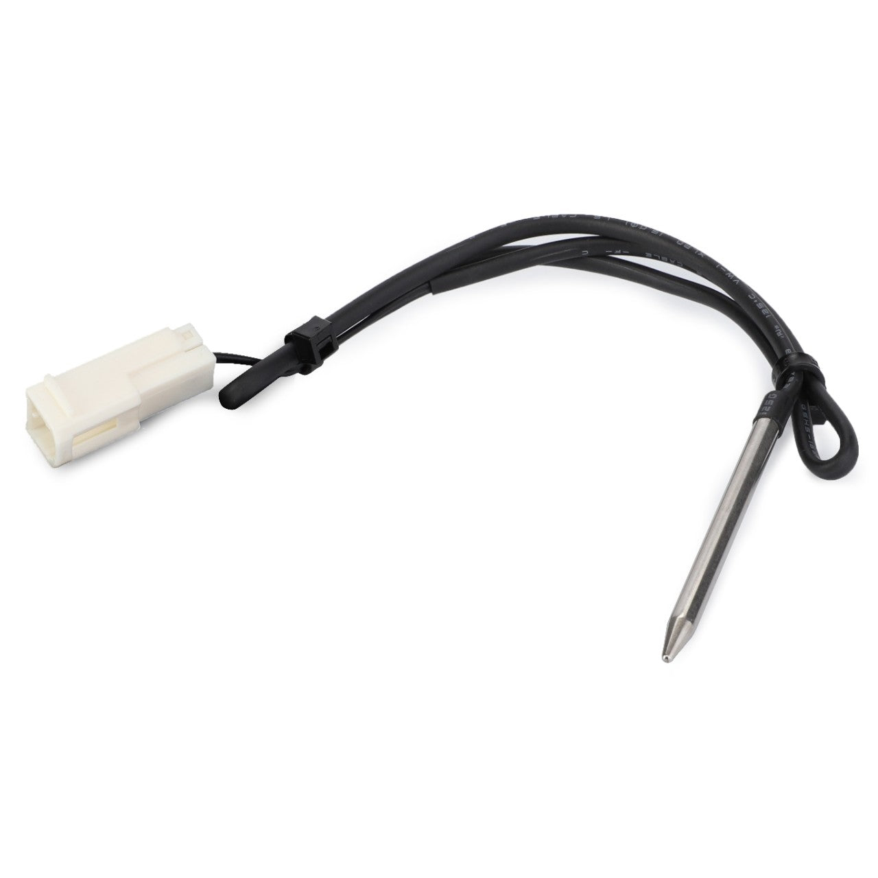 The AGCO Sensor, Temperature, Evaporator, Ac - F931812140360 features a white plastic connector and a black wire ending in a metallic sensor tip, and is compatible with Massey Ferguson models.