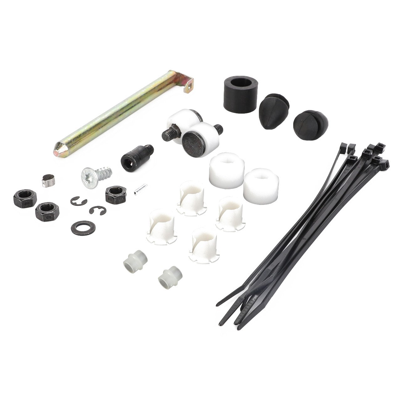 The AGCO | Wear Parts Set, Spring Assembly, Seats - F222502033250, featuring an assortment of hardware components including bolts, screws, washers, spacers, plastic caps, cable ties, and other small fittings arranged on a white background. No current product description available.