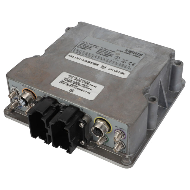 The AGCO | Module - Acx304547A, a rectangular electronic device encased in a metal housing, features multiple ports and connectors on one side.