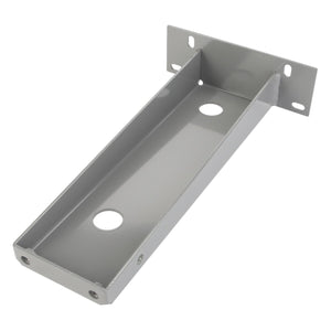 Introducing the AGCO | BRACKET - D28781157, a gray metal bracket with a rectangular frame that features three holes and four mounting points on the back plate. Please note that there is no current product description information available.