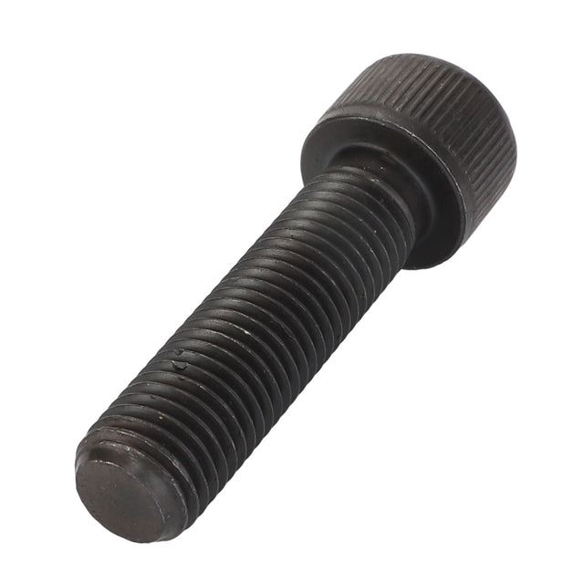 Close-up image of an AGCO Screw - Acp0360520, featuring a black, threaded bolt with a cylindrical head, lying on a pristine white background.