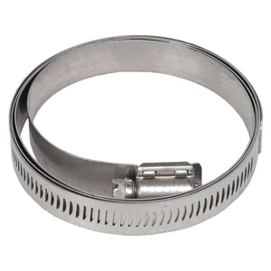 The AGCO | WORM HOSE CLAMP - AG523185 is a metal clamp coiled to form a circle, featuring a slotted band and a screw mechanism for tightening.