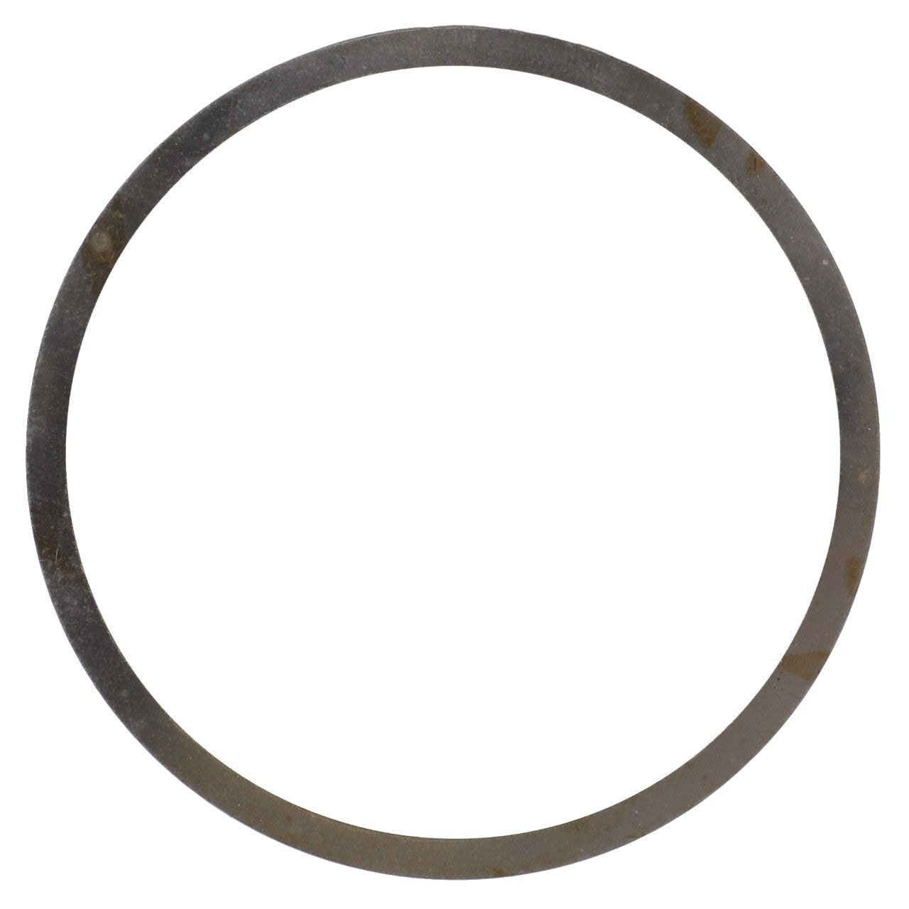 The AGCO | Shim - Acv0799500 by AGCO is a metal ring featuring a thin circular shape, with slight tarnishing in some areas.