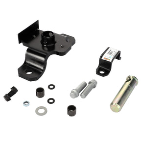The AGCO Drawbar Bracket - Acp0633910, a set of high-quality, metallic automotive components including a black mounting bracket, two bolts, a cylindrical pin, washers, and other small connecting parts, is meticulously arranged on a pristine white background.
