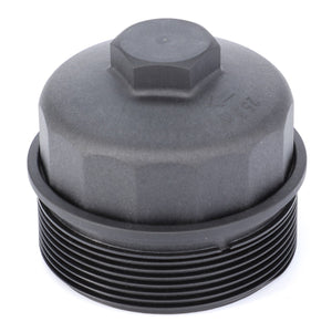 A black plastic oil filter cap with a hex-shaped top for a wrench and threaded bottom for secure attachment, complemented by AGCO Genuine Filter Housing - F716201060110 to maximize performance.